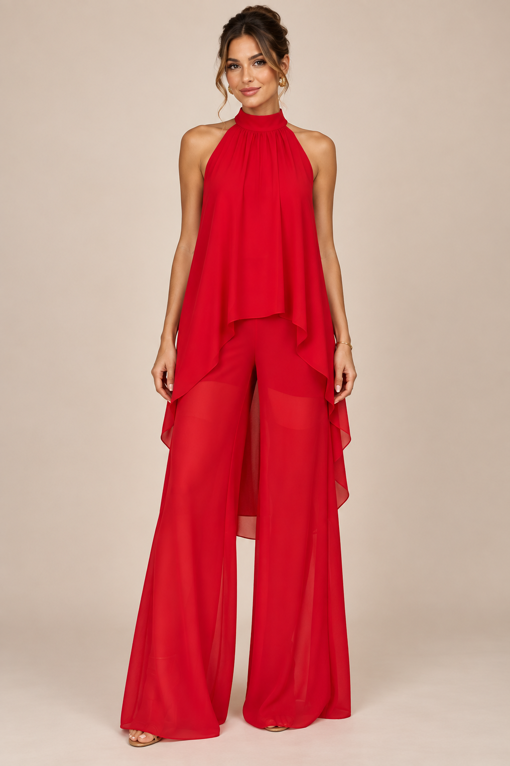 Red flowing halter top and wide-leg pant set, model front view