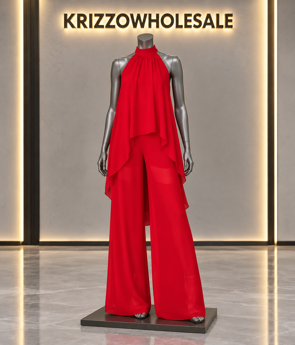 Red flowing halter top and wide-leg pant set, mannequin in Krizzowholesale showroom
