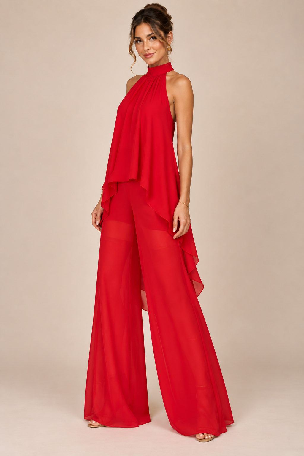 Red flowing halter top and wide-leg pant set, same model alternate pose