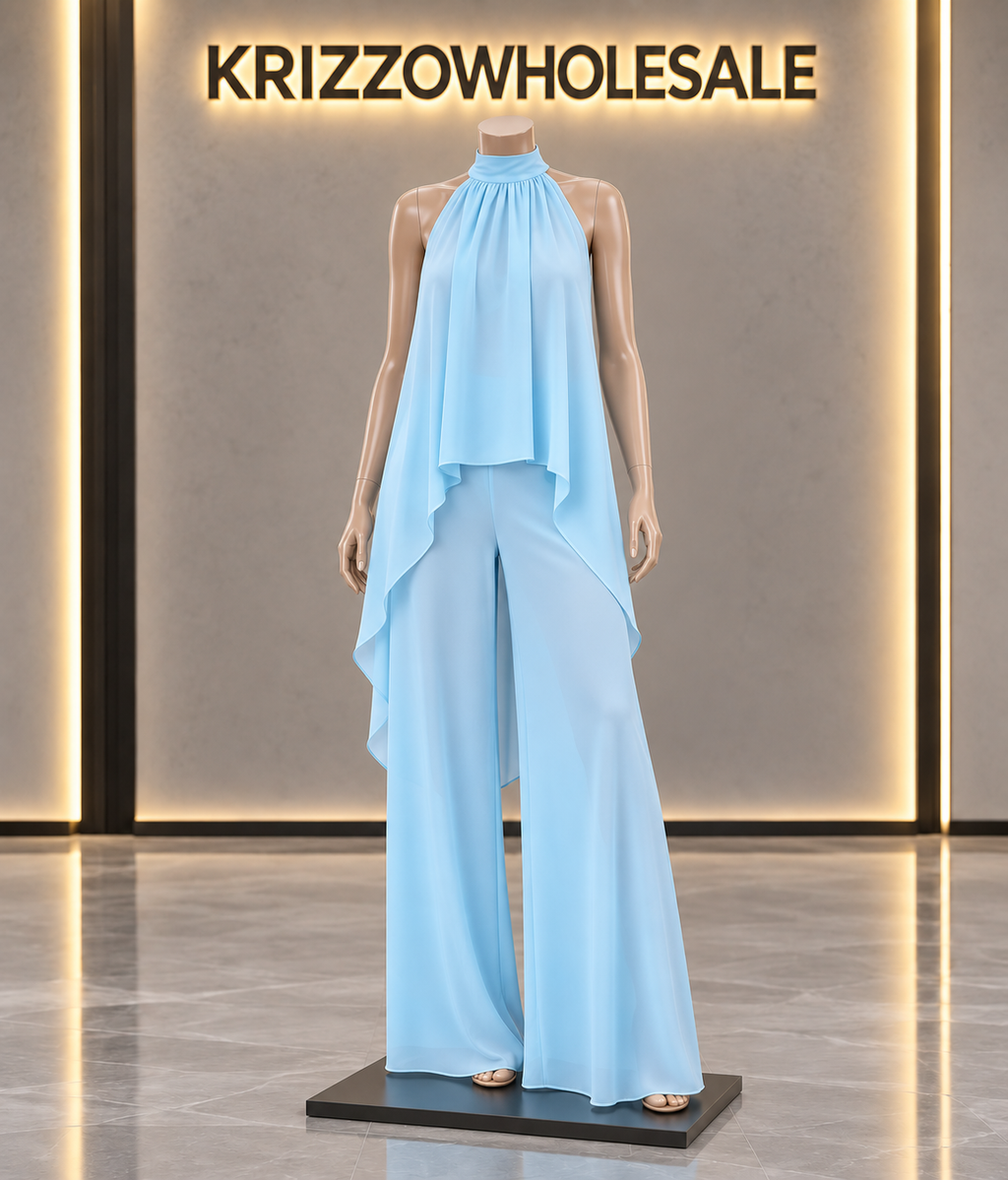 Sky Blue flowing halter top and wide-leg pant set, mannequin in Krizzowholesale showroom