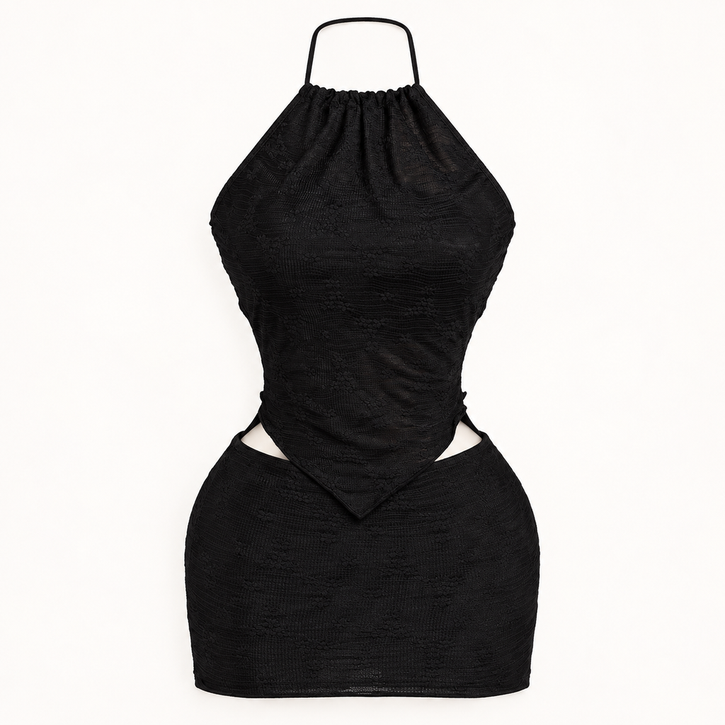 Black Ruched Halter Mini Dress, garment-only design view