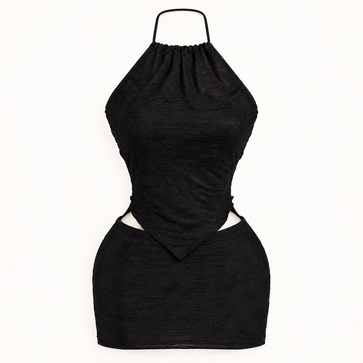 Black Ruched Halter Mini Dress, garment-only design view