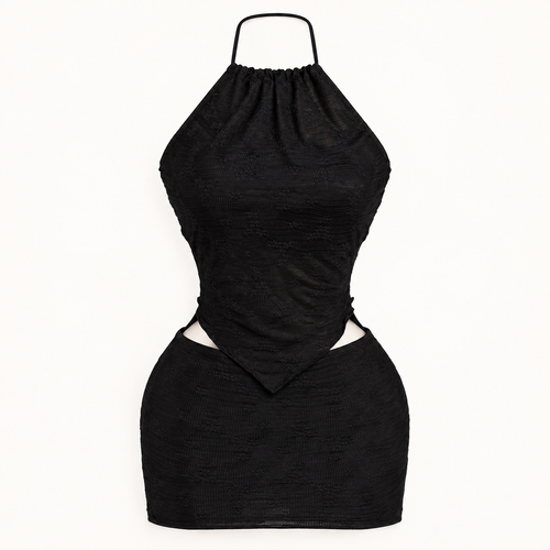 Black Ruched Halter Mini Dress, garment-only design view