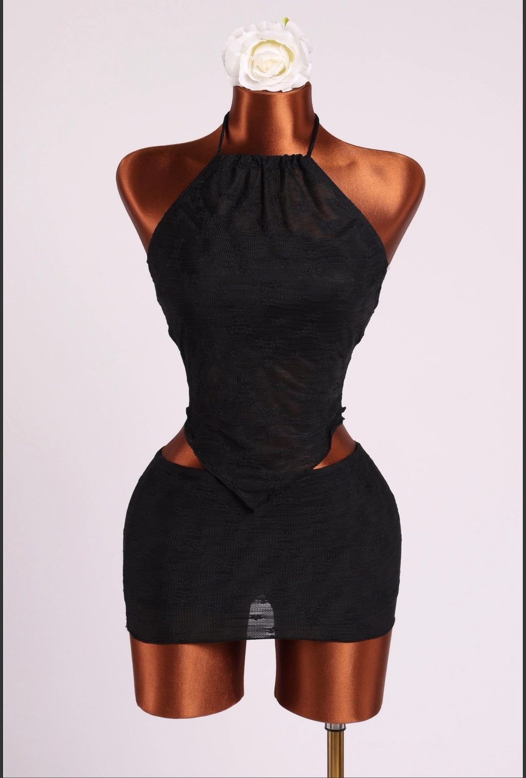 Black Ruched Halter Mini Dress, supplied garment construction view