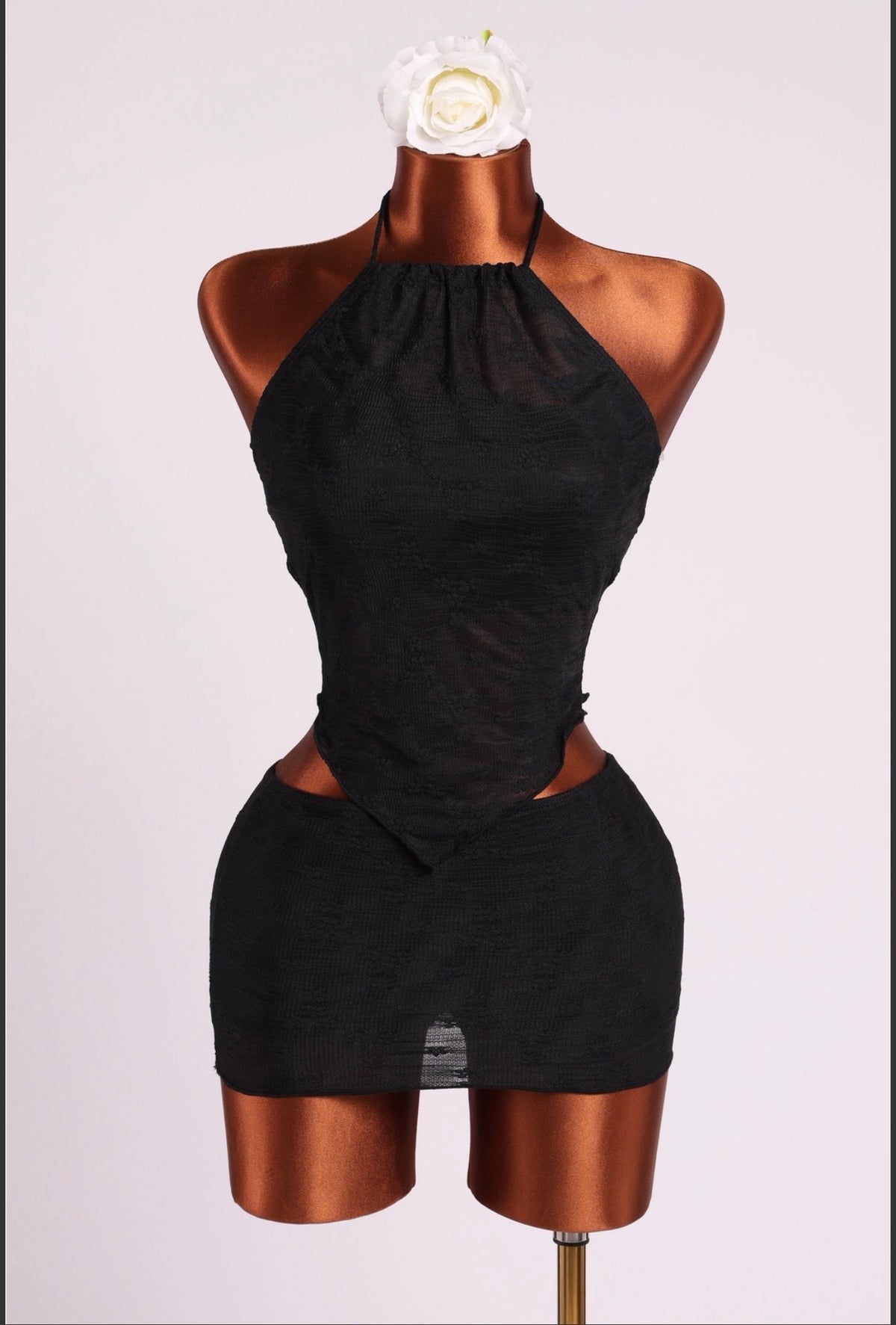 Black Ruched Halter Mini Dress, supplied garment construction view