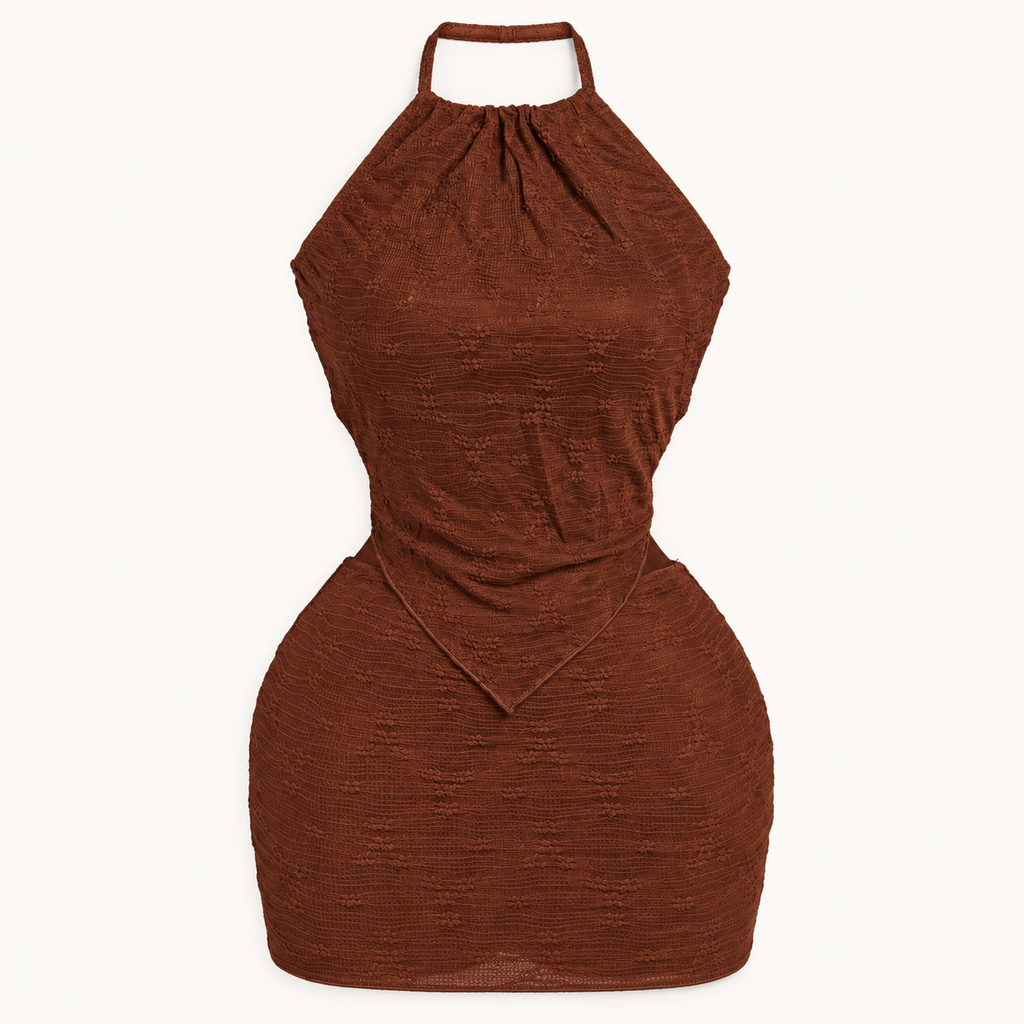 Chocolate Ruched Halter Mini Dress, garment-only design view