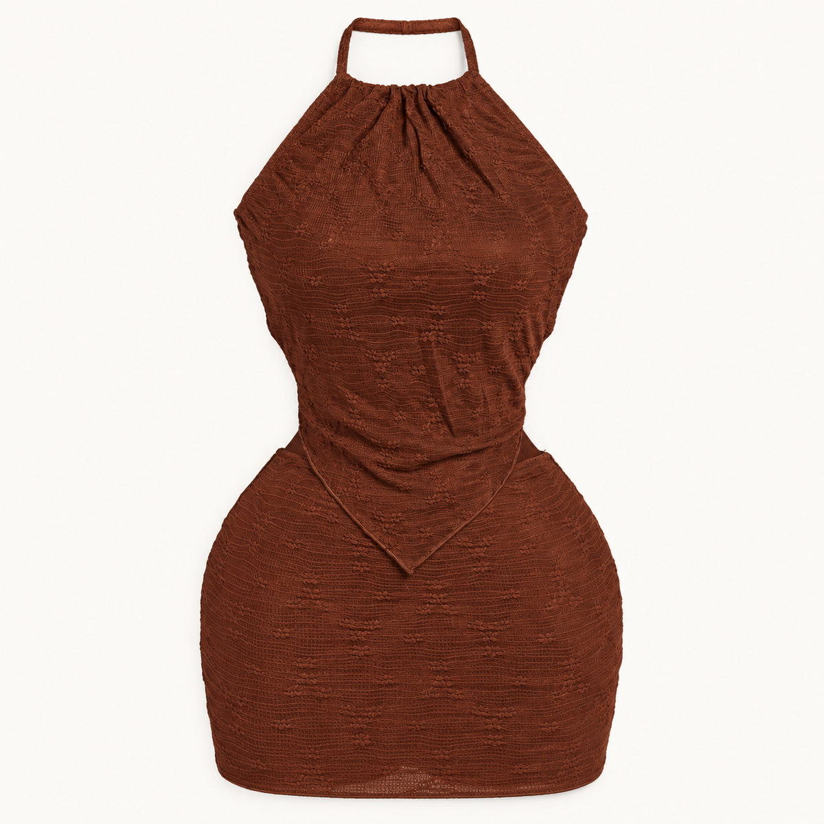 Chocolate Ruched Halter Mini Dress, garment-only design view
