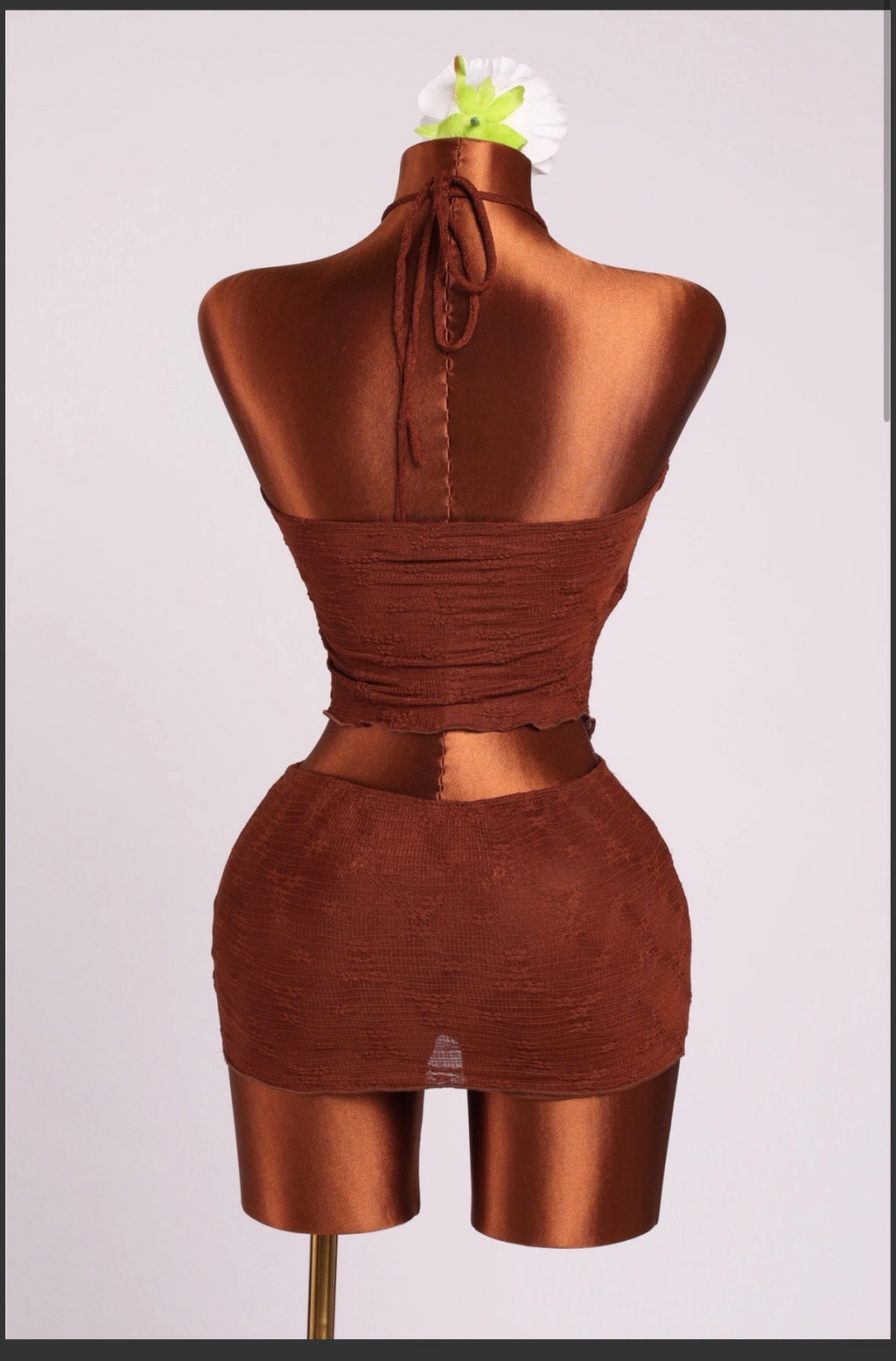 Chocolate Ruched Halter Mini Dress, supplied garment construction view