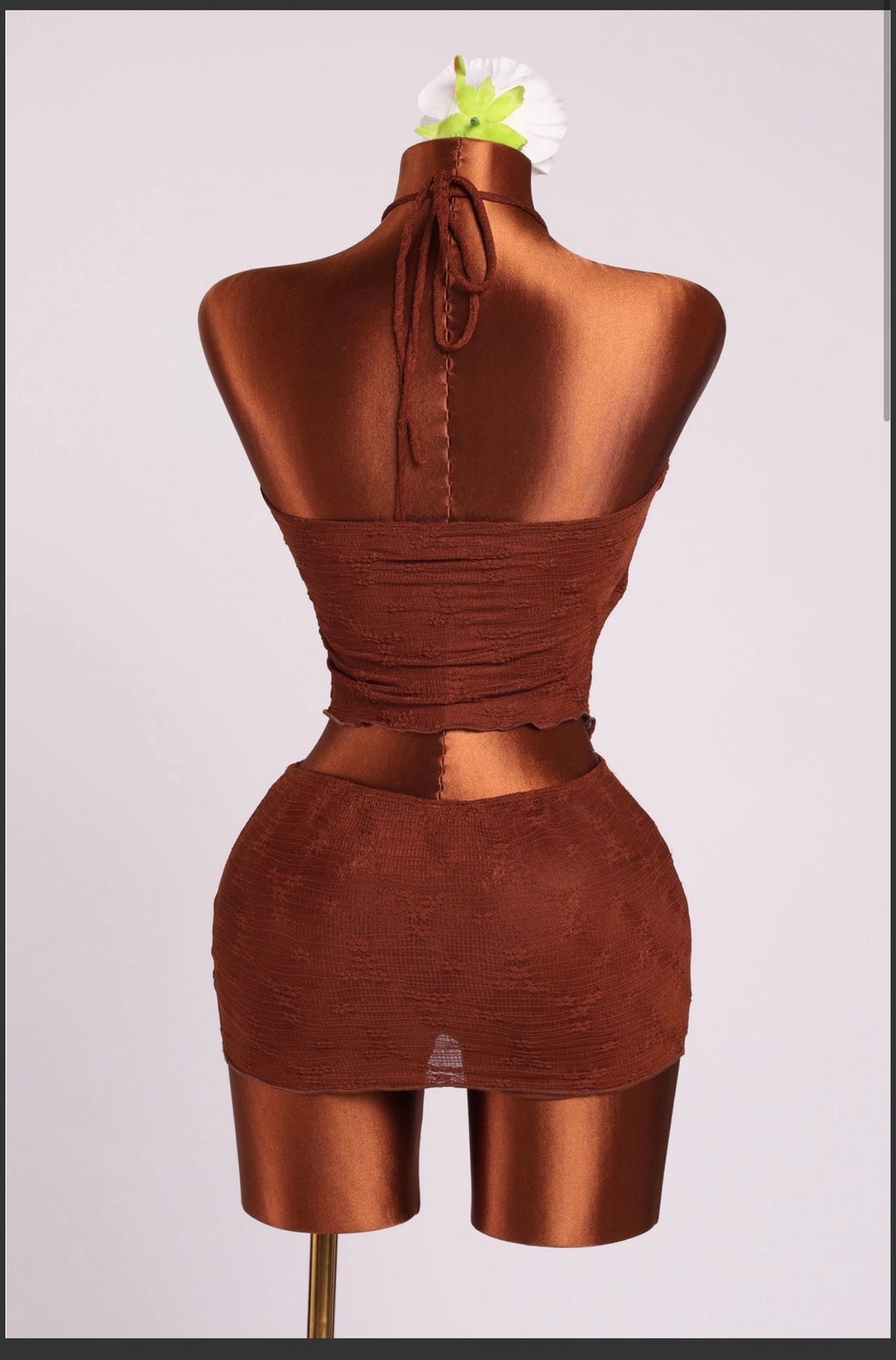 Chocolate Ruched Halter Mini Dress, supplied garment construction view