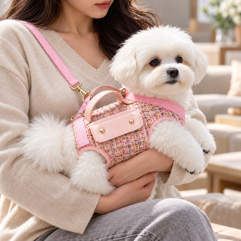 White dog in blush tweed carrying harness