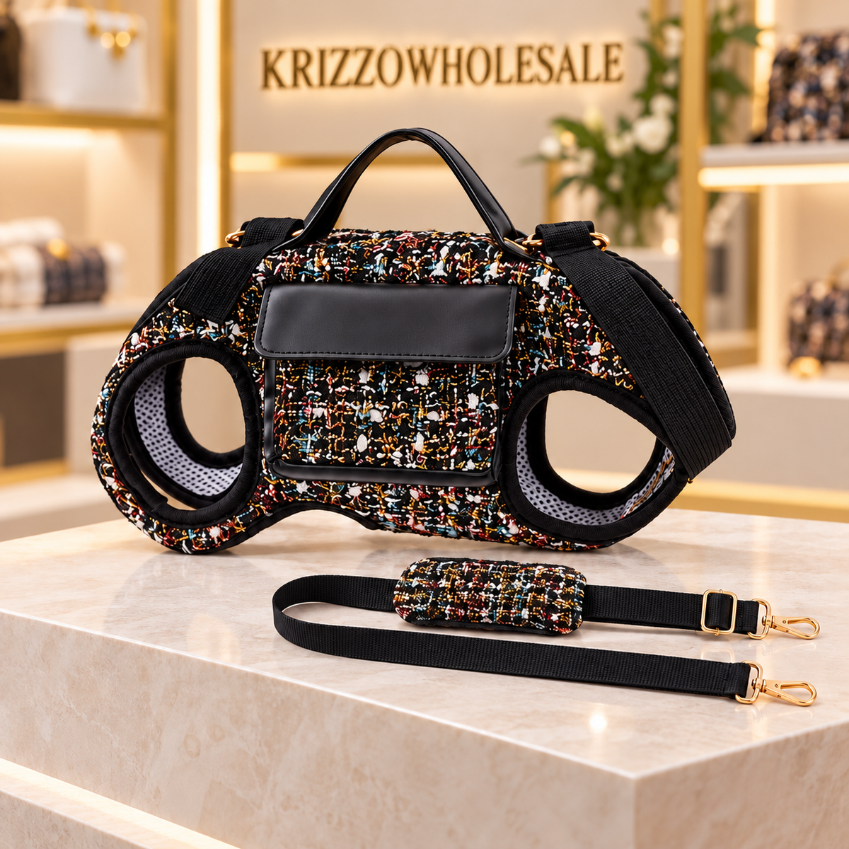 Black tweed carrying harness in Krizzowholesale display