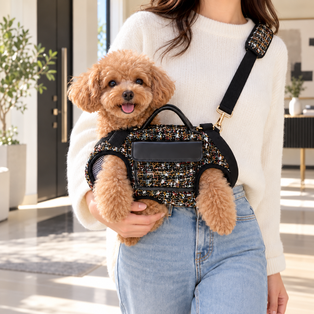Poodle in black tweed carrying harness