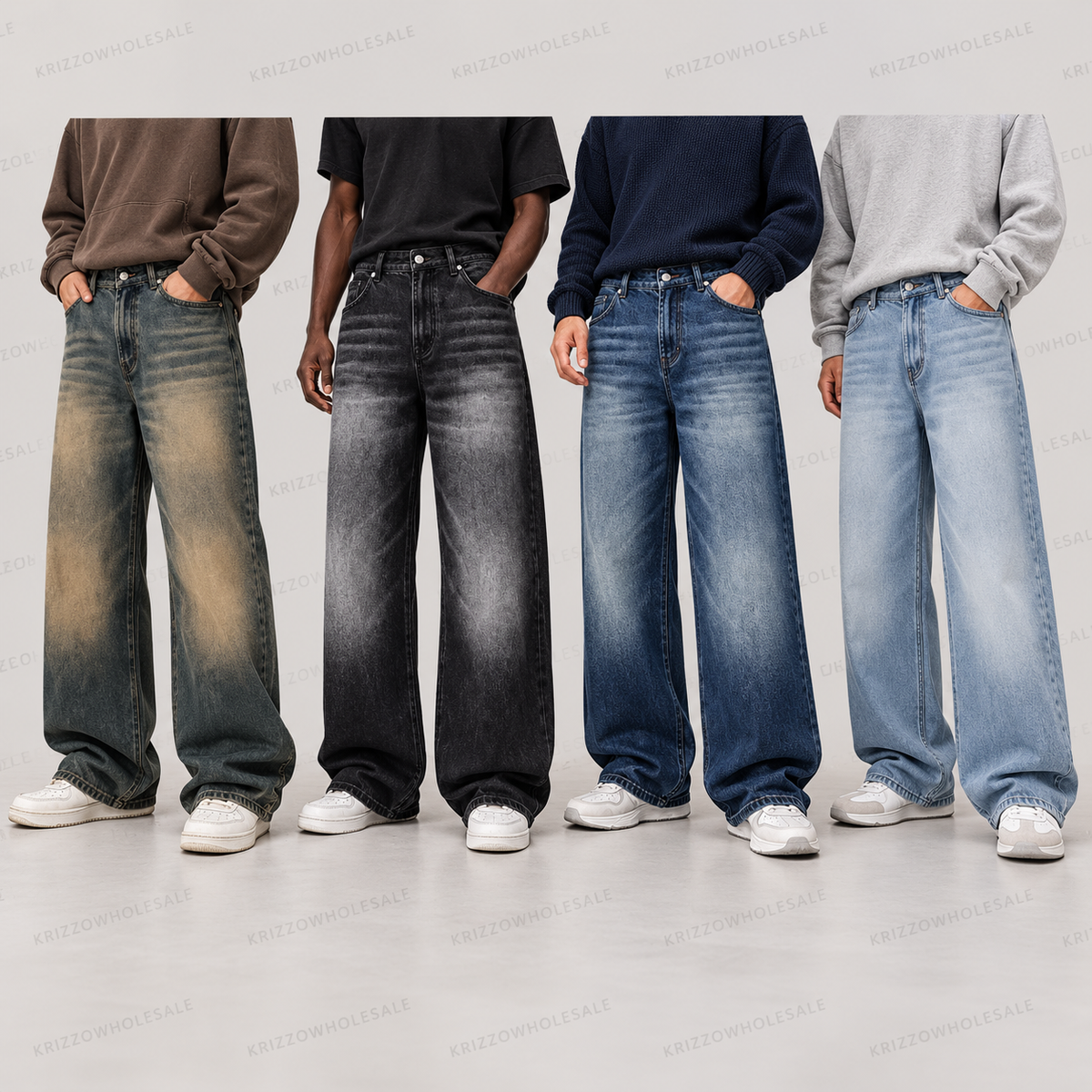Krizzowholesale Men's Washed Wide-Leg Jeans additional color choices on models