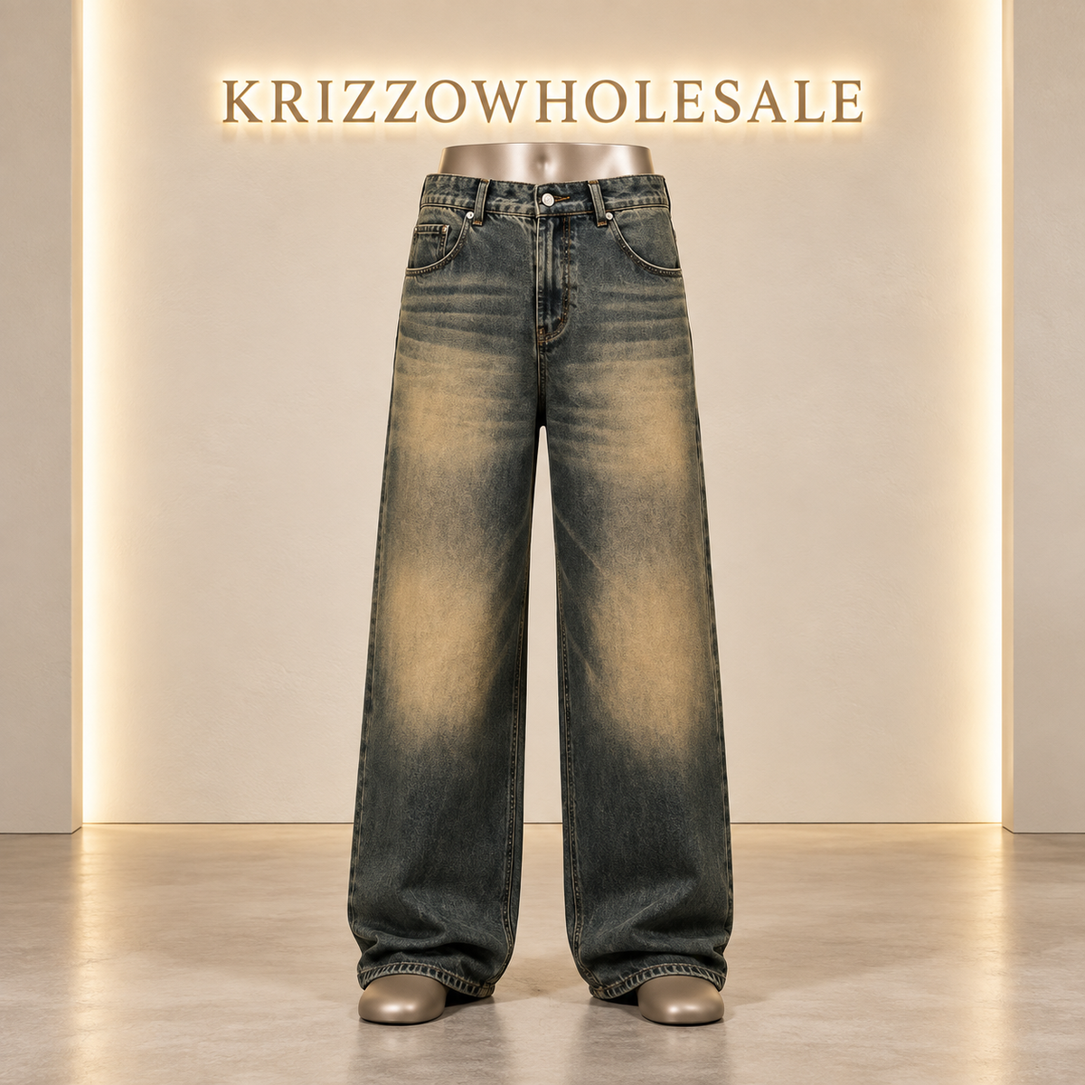Krizzowholesale men's wide-leg jeans Olive Wash on lower-body mannequin