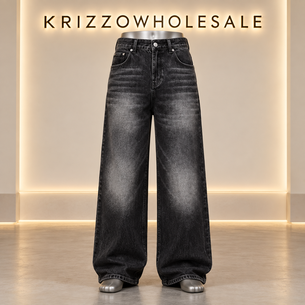 Krizzowholesale men's wide-leg jeans Charcoal Wash on lower-body mannequin