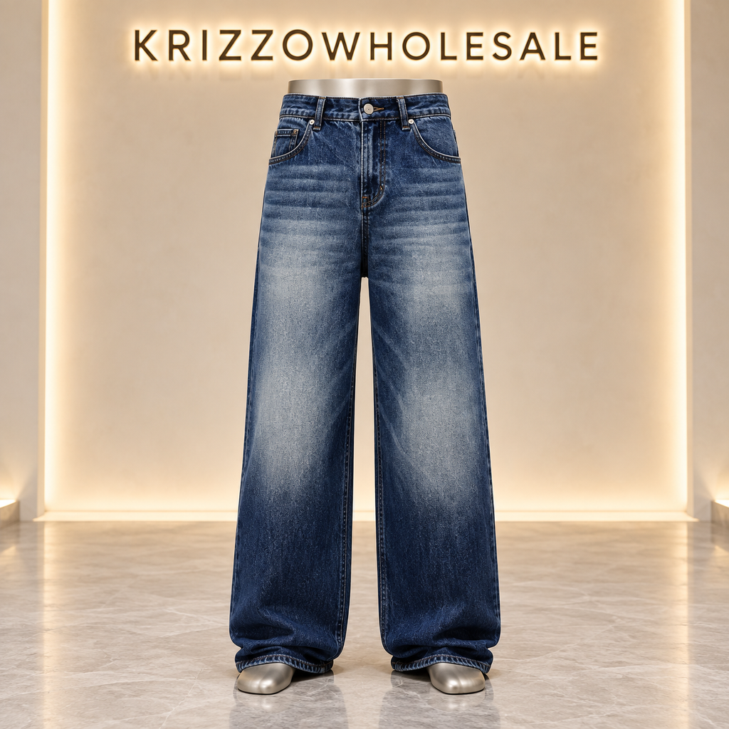 Krizzowholesale men's wide-leg jeans Dark Blue Wash on lower-body mannequin