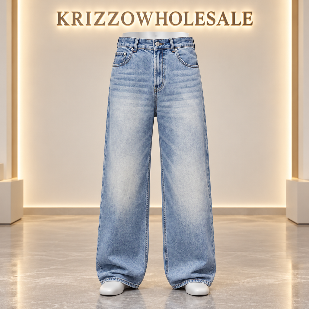 Krizzowholesale men's wide-leg jeans Light Blue Wash on lower-body mannequin