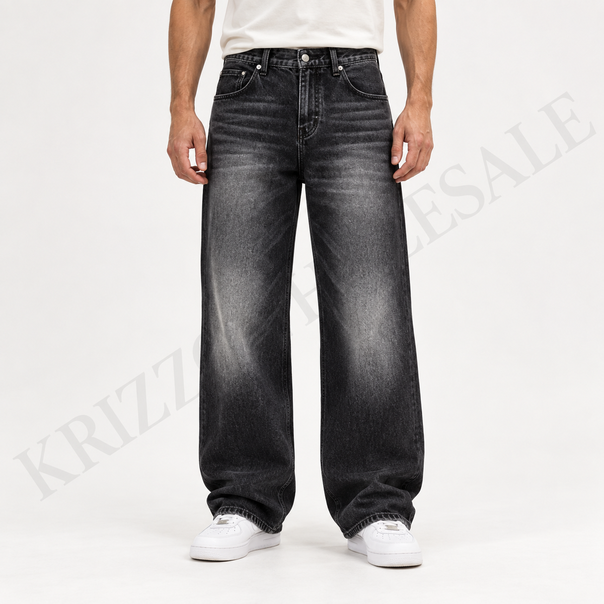Krizzowholesale men's wide-leg jeans Charcoal Wash on model
