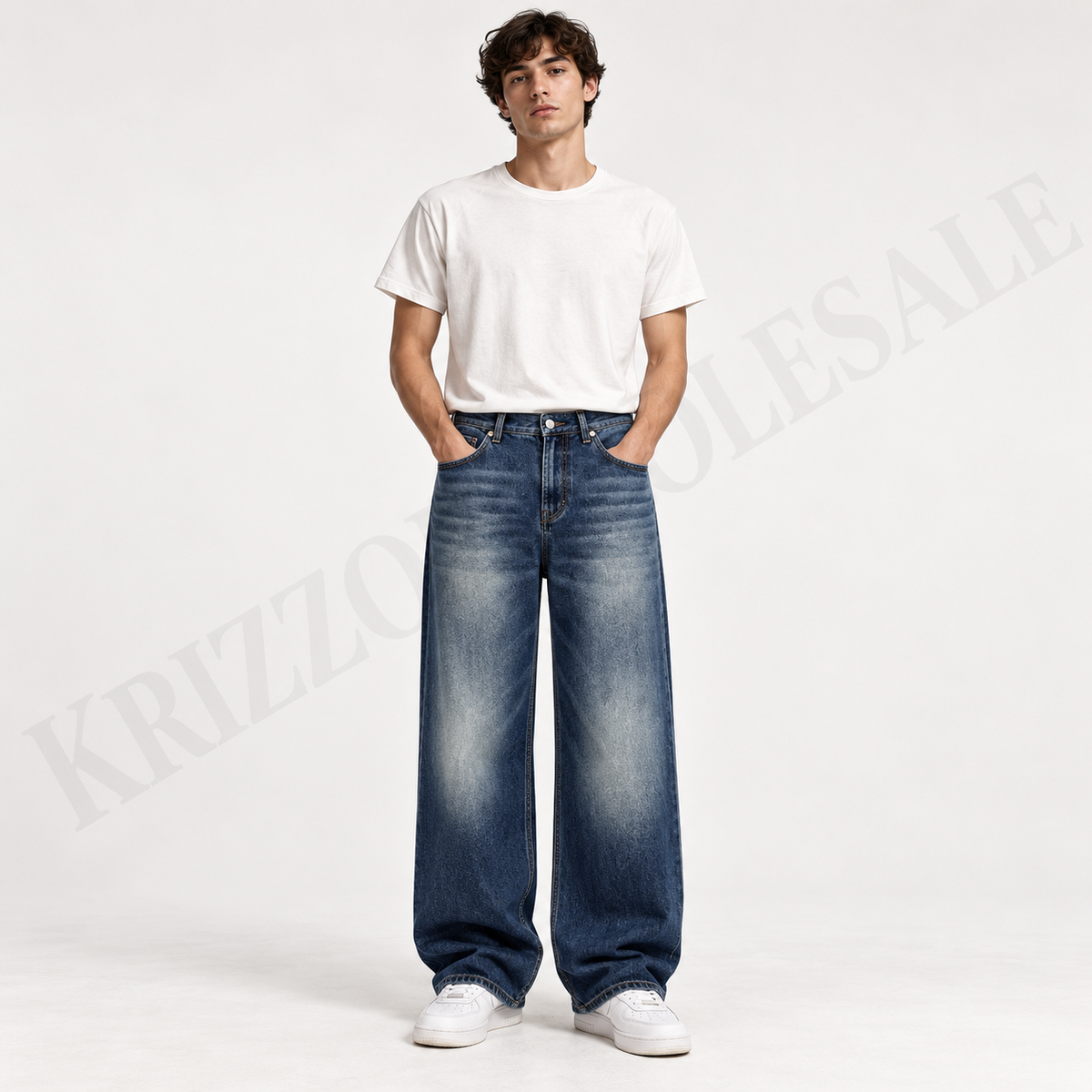 Krizzowholesale men's wide-leg jeans Dark Blue Wash on model