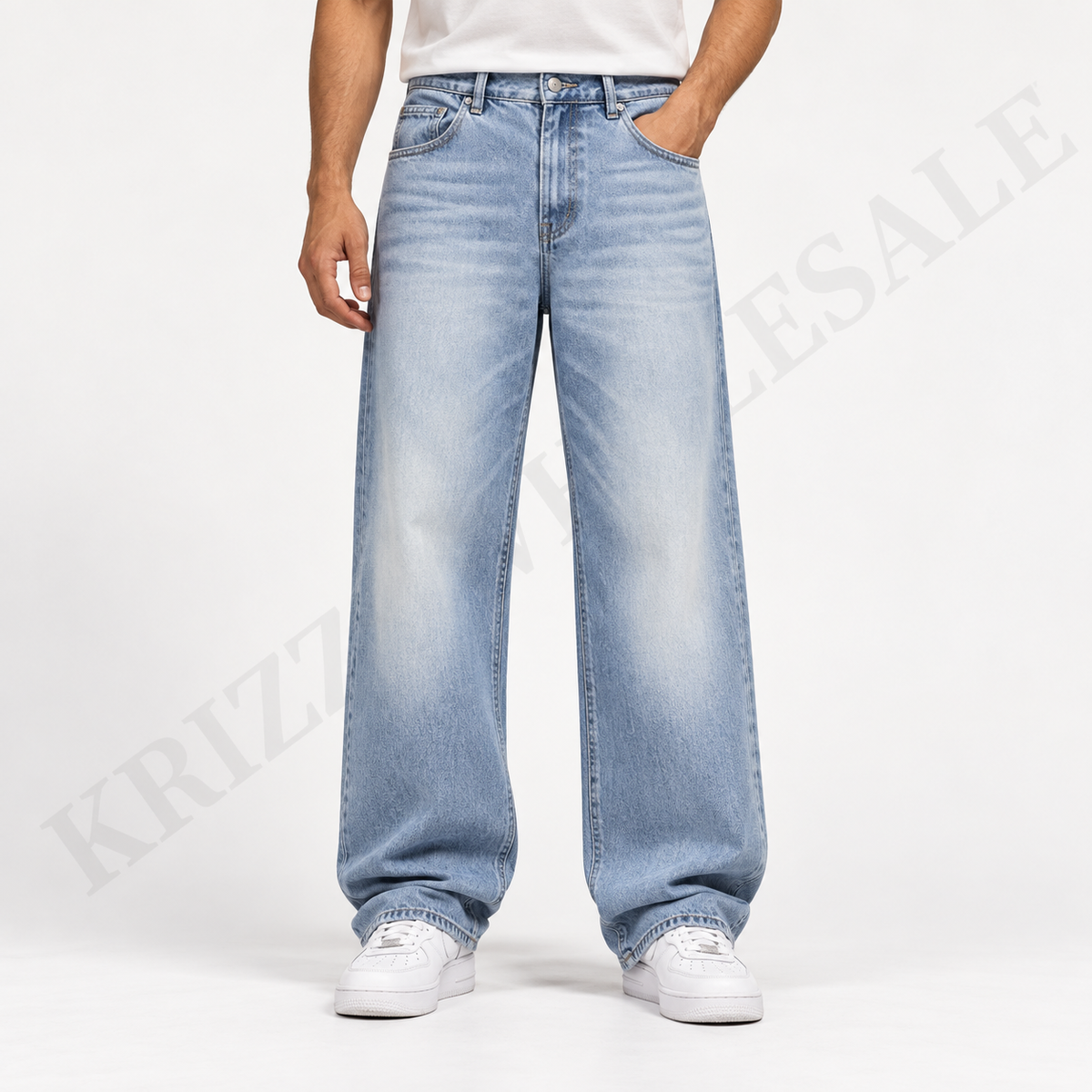 Krizzowholesale men's wide-leg jeans Light Blue Wash on model