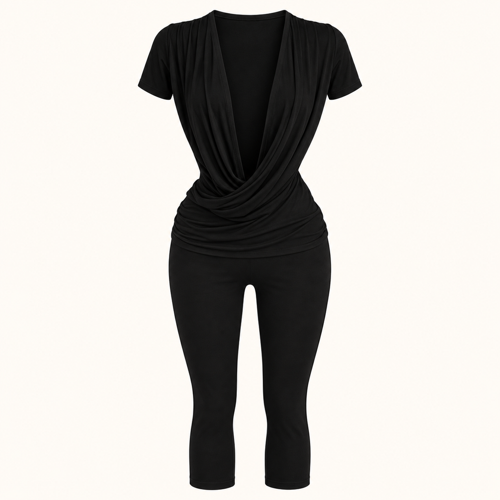 Black Draped V-Neck Capri Jumpsuit, garment-only design view