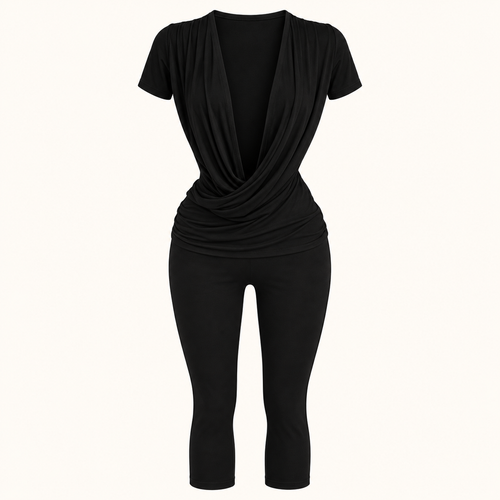 Black Draped V-Neck Capri Jumpsuit, garment-only design view