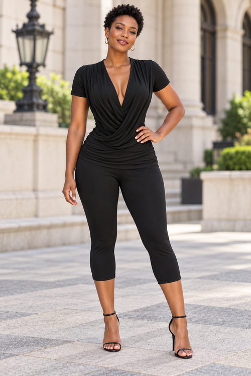 Black Draped V-Neck Capri Jumpsuit, model lifestyle view