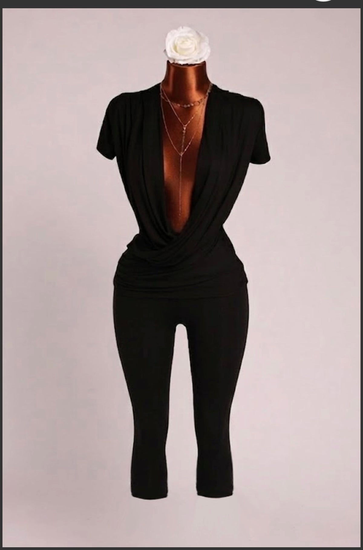 Black Draped V-Neck Capri Jumpsuit, supplied garment construction view