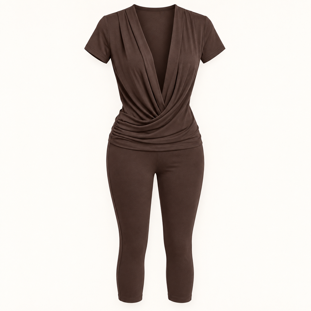 Chocolate Draped V-Neck Capri Jumpsuit, garment-only design view