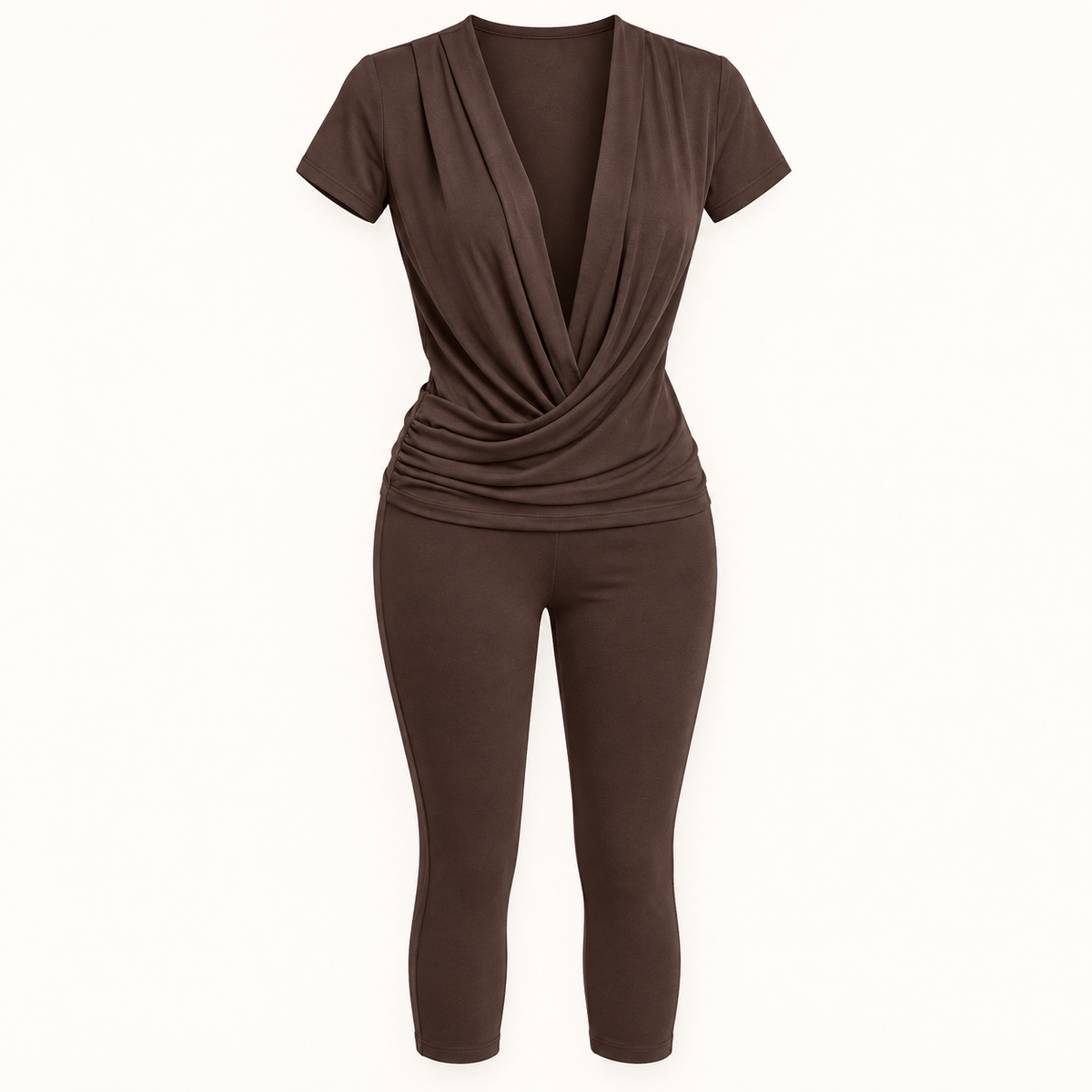 Chocolate Draped V-Neck Capri Jumpsuit, garment-only design view