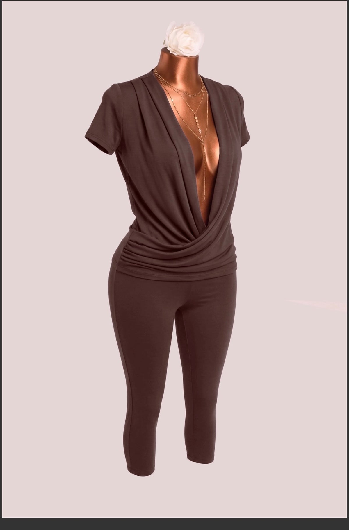 Chocolate Draped V-Neck Capri Jumpsuit, supplied garment construction view