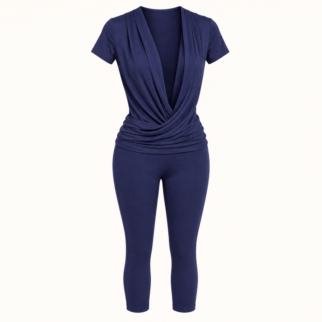 Navy Draped V-Neck Capri Jumpsuit, garment-only design view