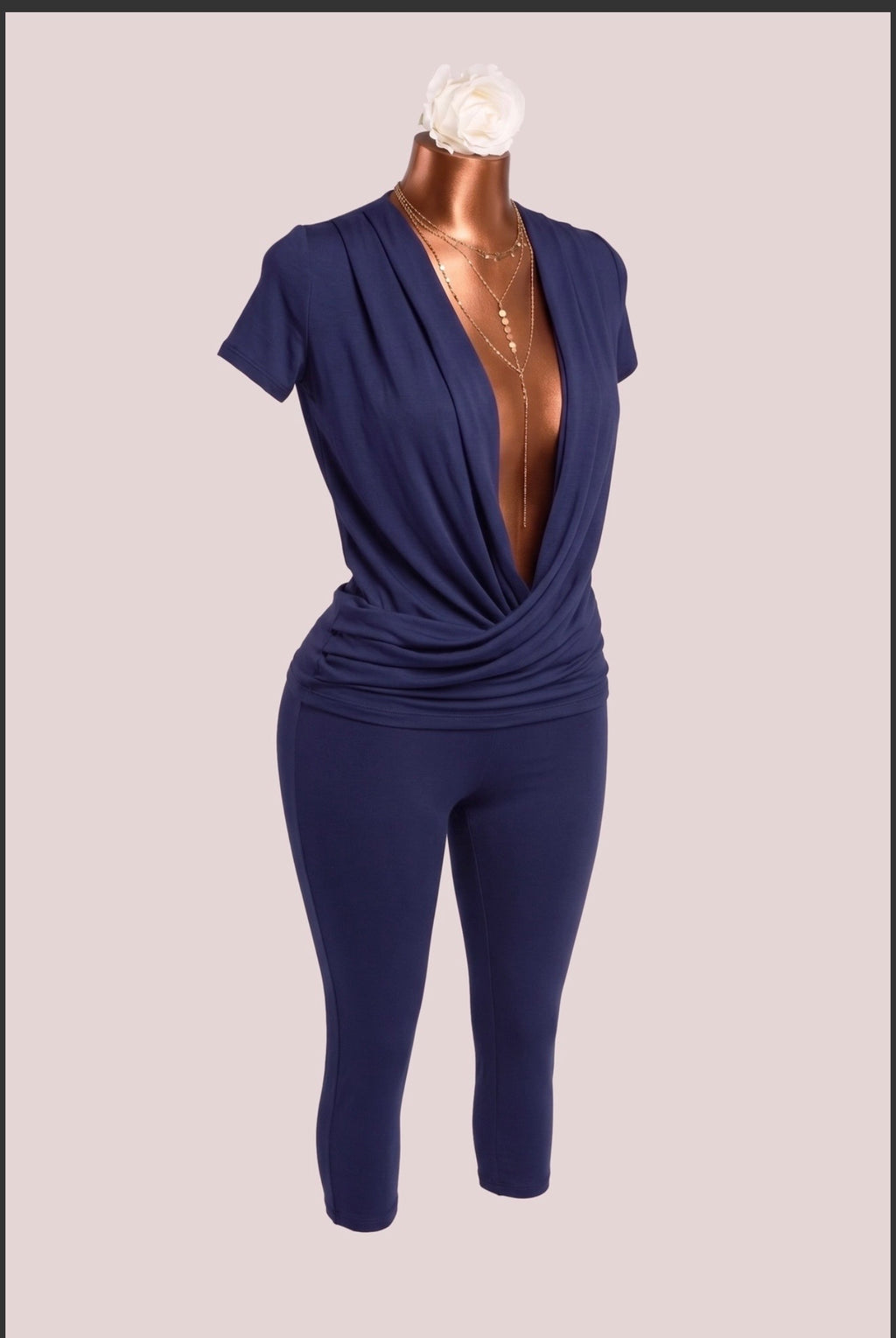 Navy Draped V-Neck Capri Jumpsuit, supplied garment construction view
