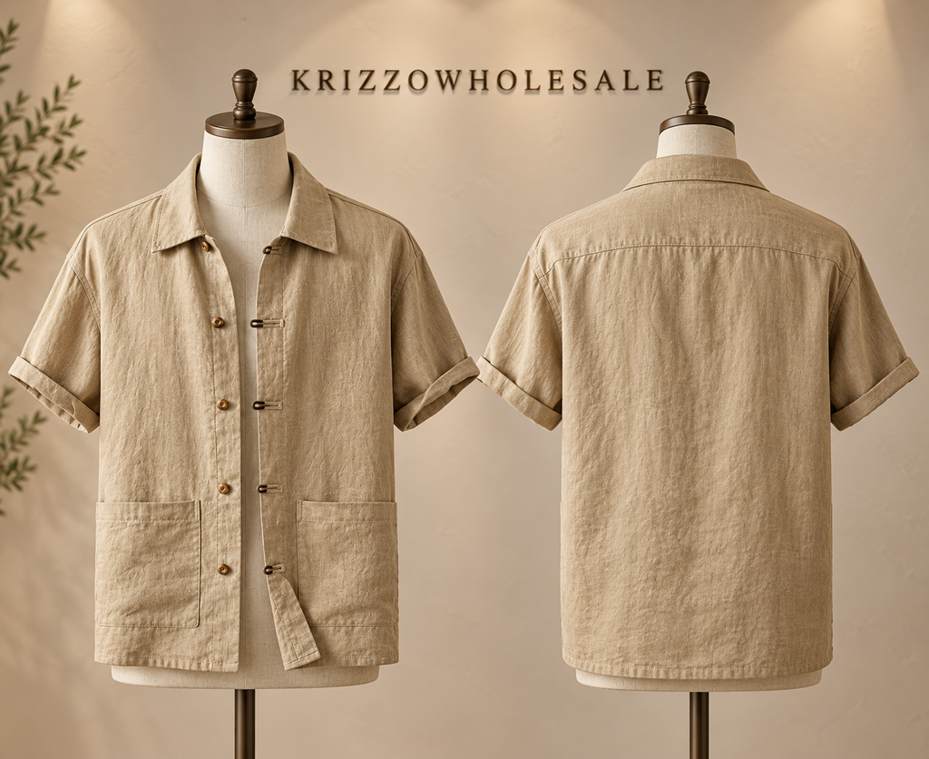 khaki mannequin — men's linen shirt, front and back on mannequin or styled on model