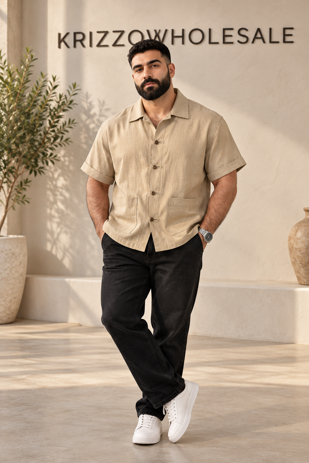 khaki model — men's linen shirt, front and back on mannequin or styled on model