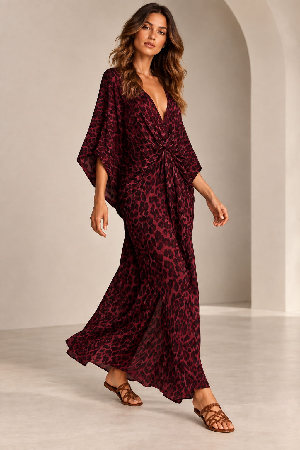 Krizzowholesale leopard burgundy pose dress view