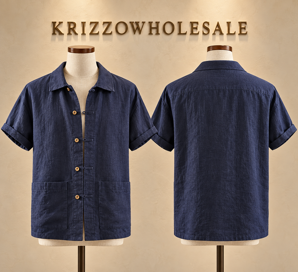 navy mannequin — men's linen shirt, front and back on mannequin or styled on model