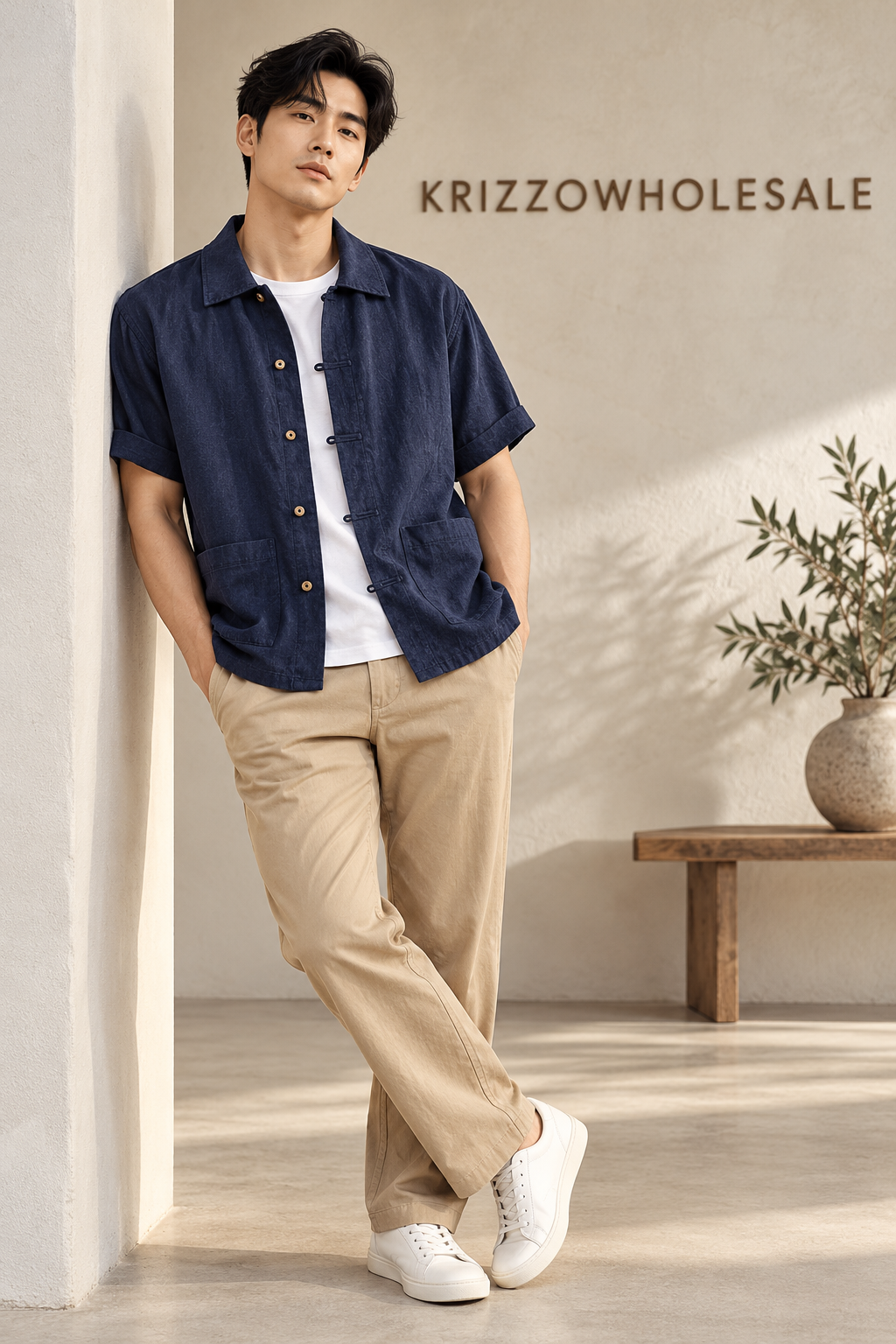 navy model — men's linen shirt, front and back on mannequin or styled on model