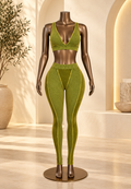 Olive ribbed matching two-piece on bronze fashion display