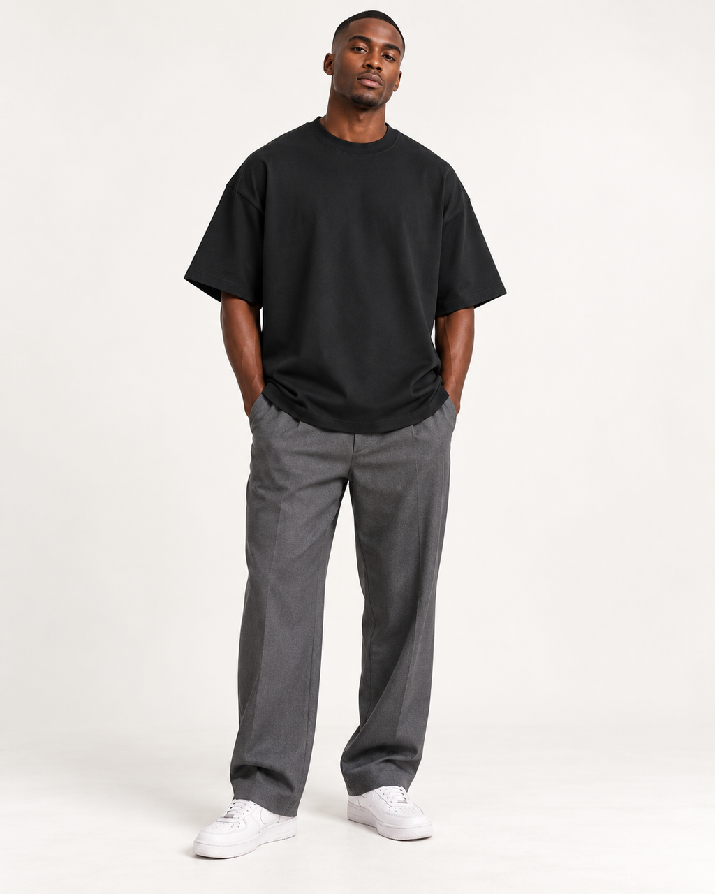 Black oversized T-shirt worn by model