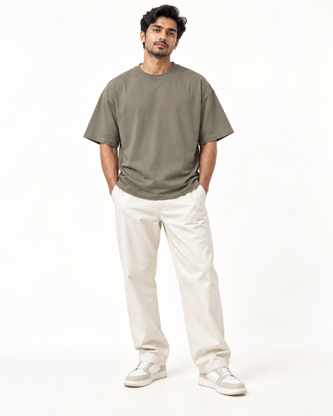 Olive taupe oversized T-shirt worn by model