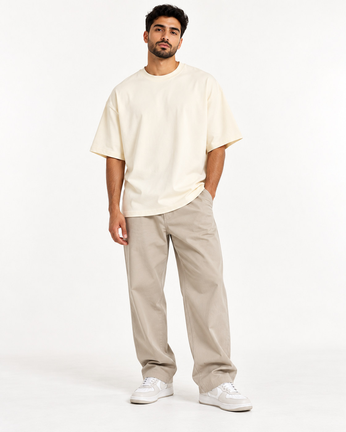 Cream oversized T-shirt worn by model