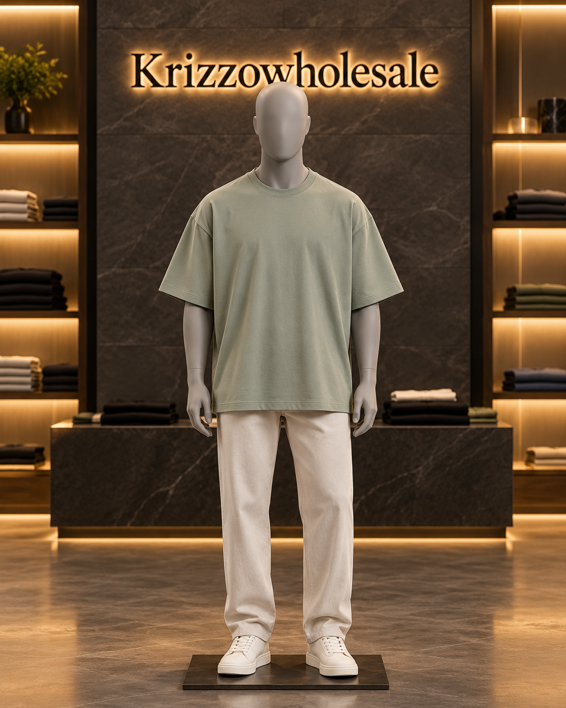 Sage oversized T-shirt on male mannequin in Krizzowholesale showroom