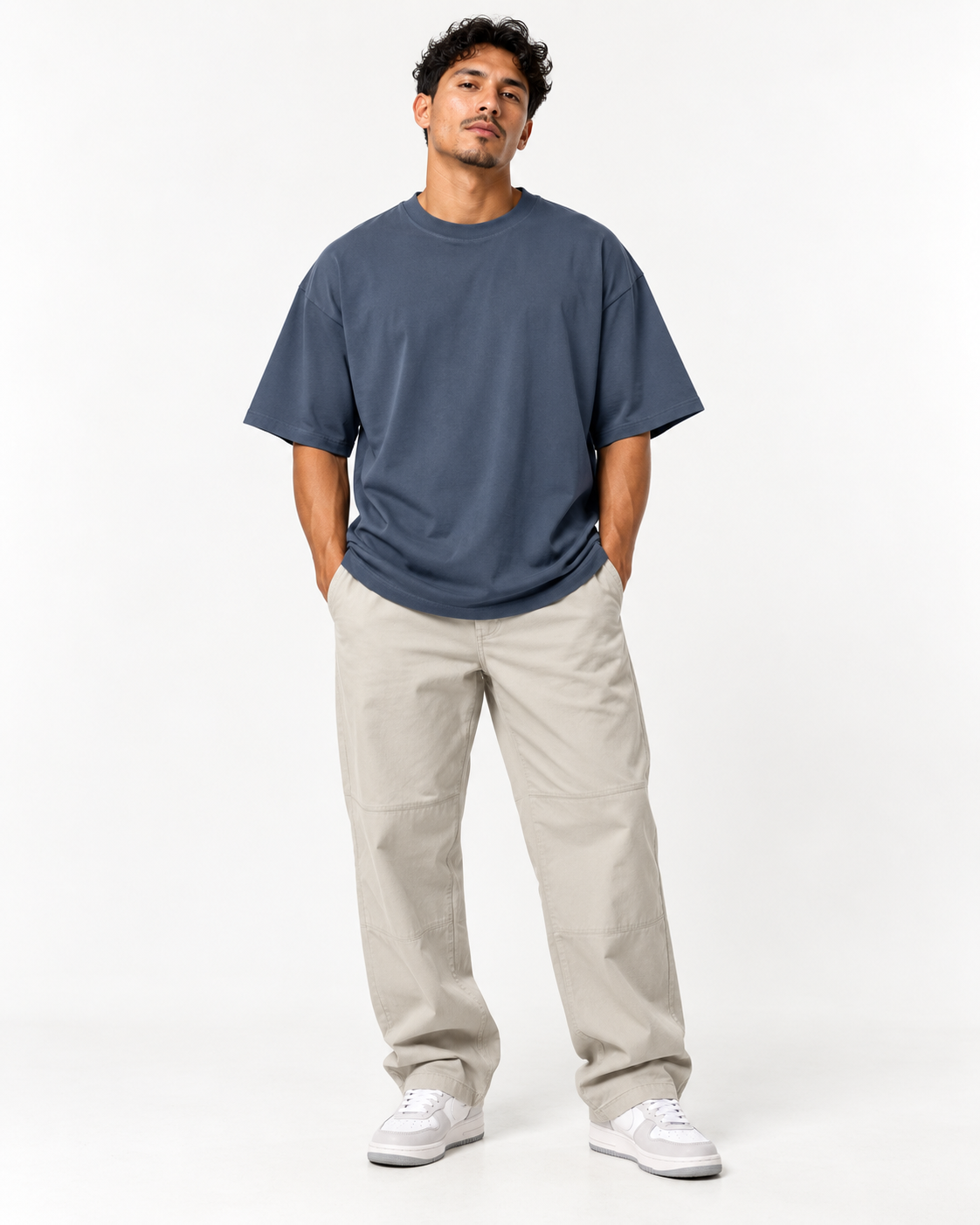 Slate navy oversized T-shirt worn by model