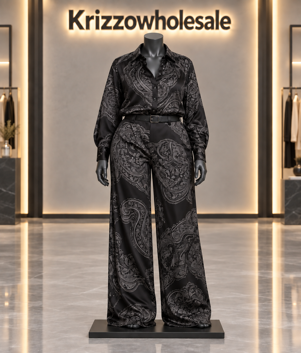 Black paisley shirt and wide-leg pants set — fuller mannequin front