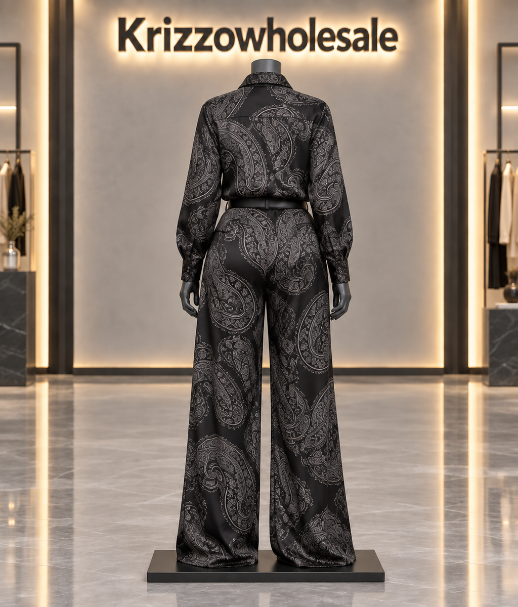 Black paisley shirt and wide-leg pants set — mannequin rear