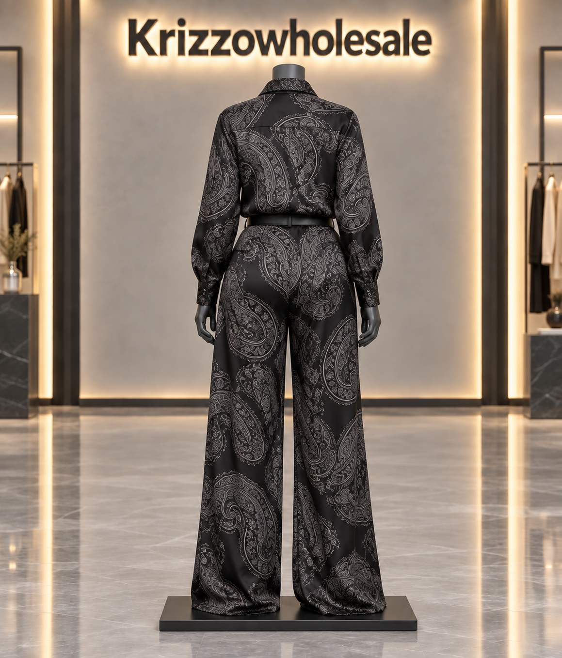 Black paisley shirt and wide-leg pants set — mannequin rear