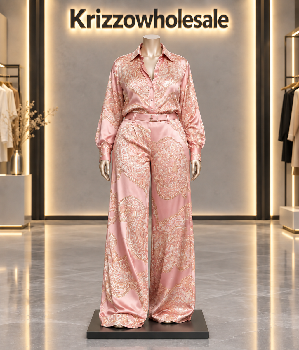 Blush Pink paisley shirt and wide-leg pants set — curvy mannequin front