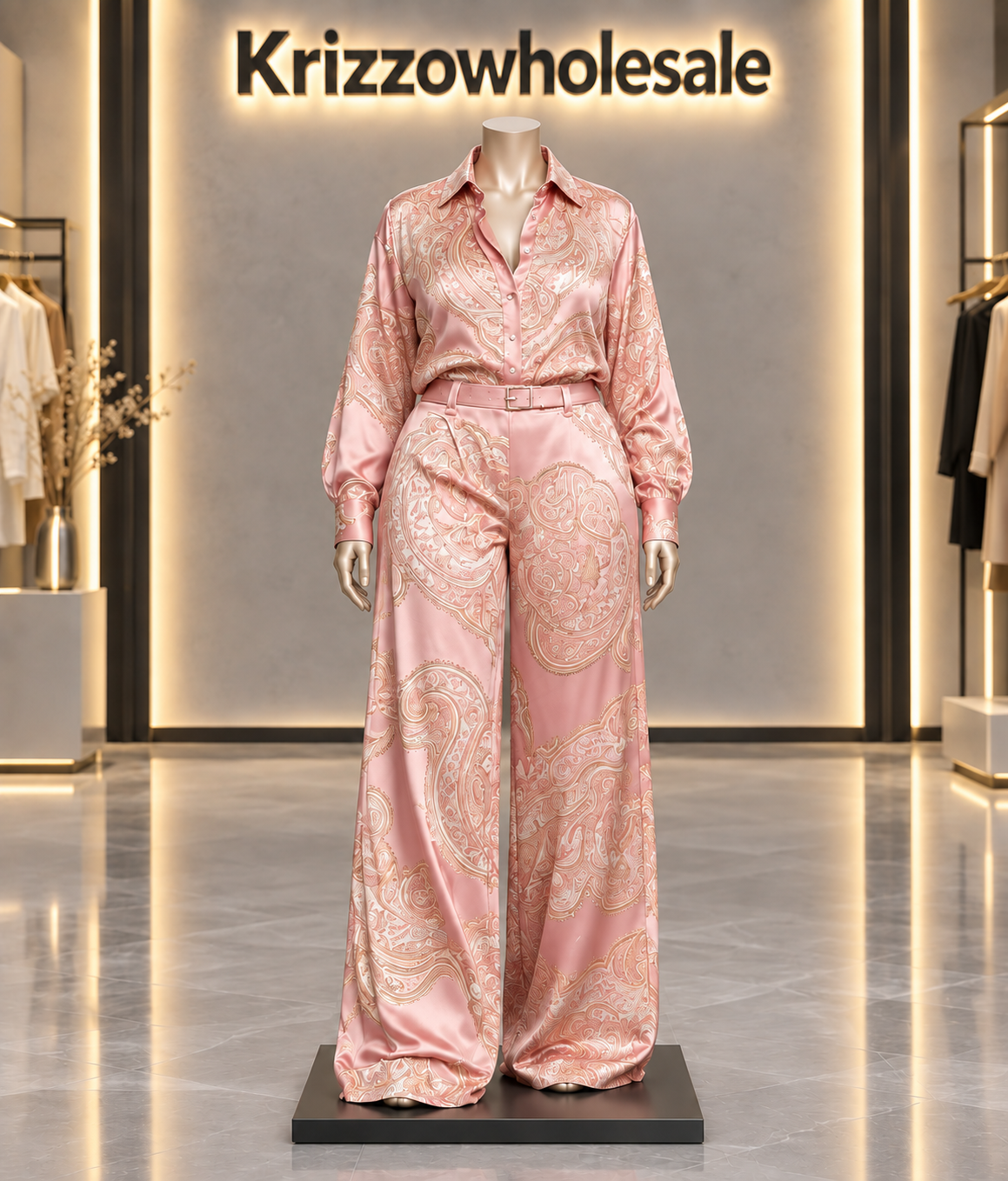 Blush Pink paisley shirt and wide-leg pants set — curvy mannequin front