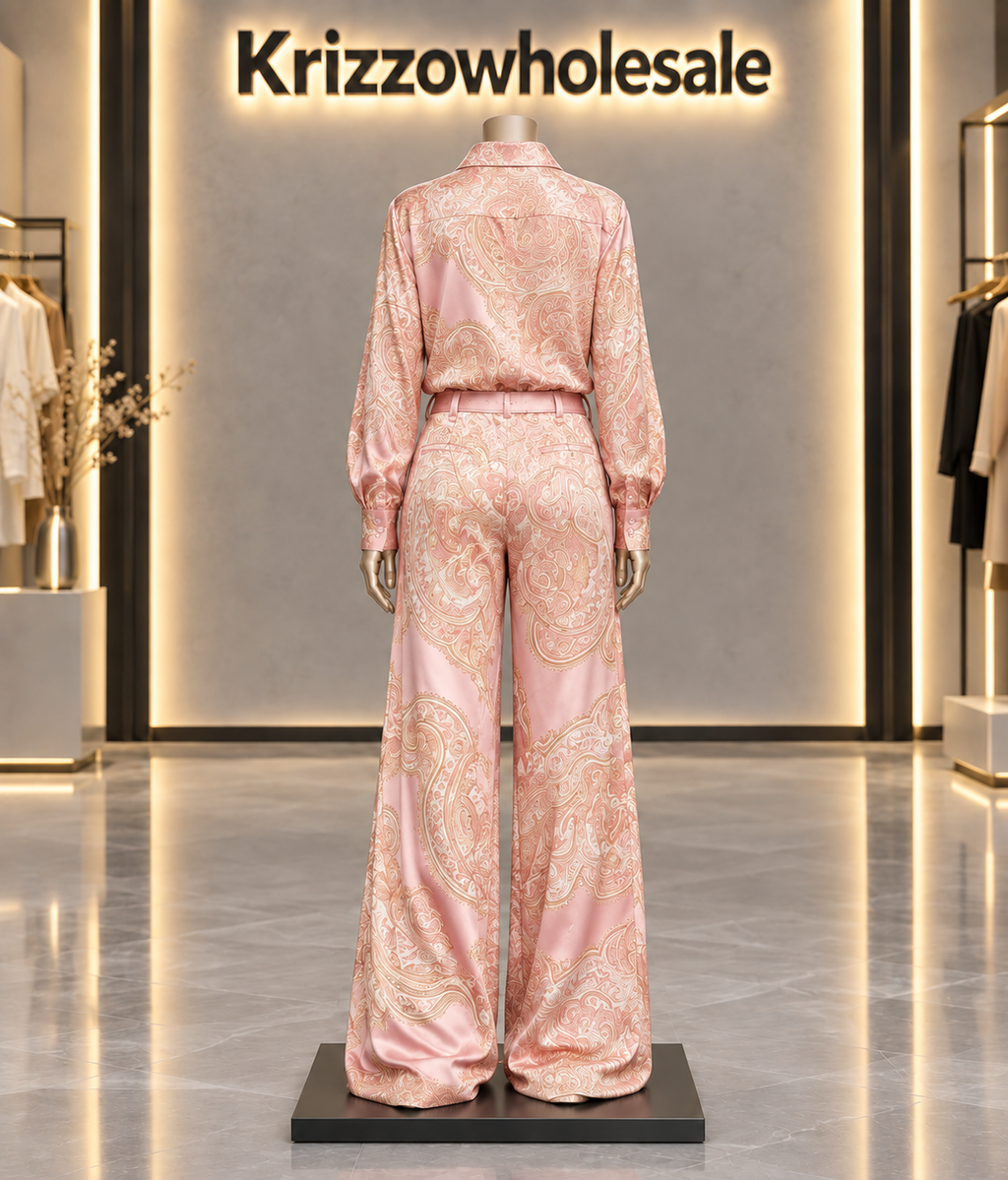 Blush Pink paisley shirt and wide-leg pants set — mannequin rear illustration